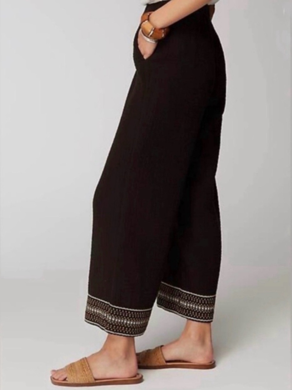 J.Jill Purejill Cropped 100% Cotton Wide Leg Pants Black Embroidered Hem Large